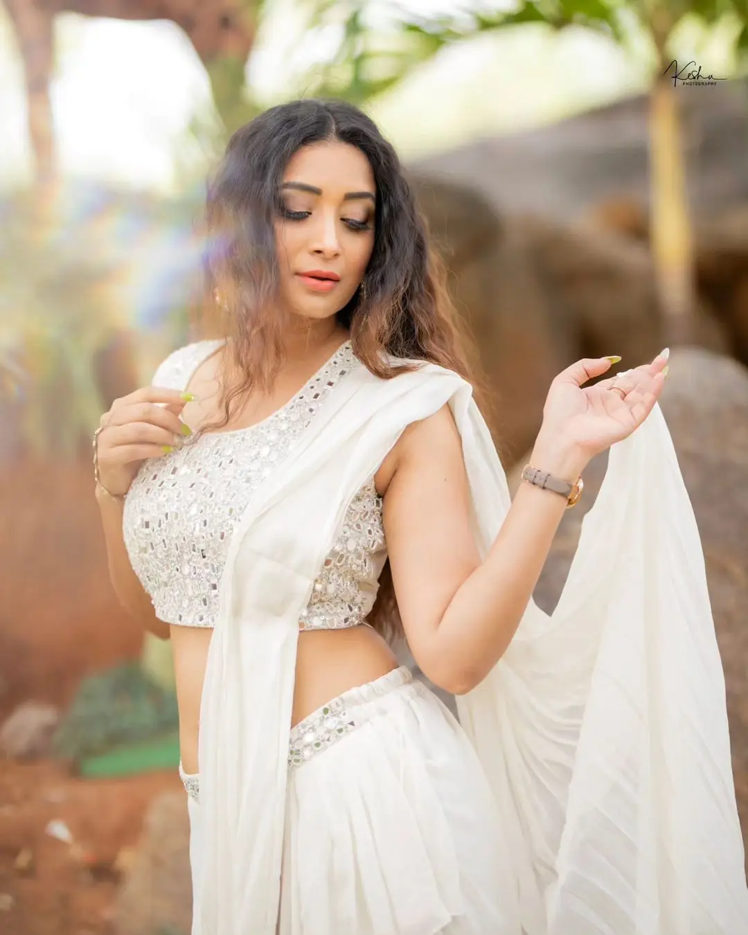 ETV Actress Bhanu Sri Stills in Beautiful White Lehenga Choli